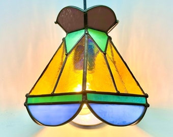 Small Hanging Anastasia Lamp_Art Deco Vintage Stained Glass Light (Gold Green Blue) 100% Handmade