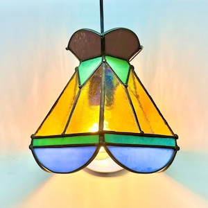 Small Hanging Anastasia Lamp_Art Deco Vintage Stained Glass Light (Gold Green Blue) 100% Handmade