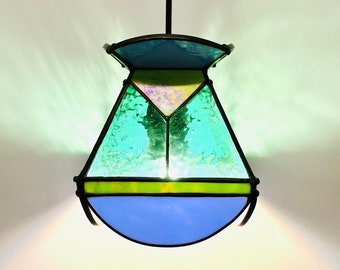 Mini Hanging Arianna Lamp_Art Deco Vintage Stained Glass Light (Green Blue) 100% Handmade