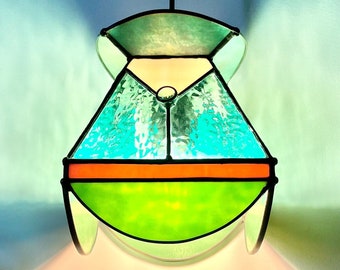 Small Hanging Arianna Lamp_Art Deco Vintage Stained Glass Light (Green Mauve) 100% Handmade