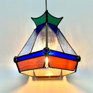 Small Hanging Arthur Lamp_Art Deco Vintage Stained Glass Light (Blue Clear Green) 100% Handmade