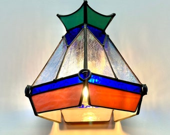 Small Hanging Arthur Lamp_Art Deco Vintage Stained Glass Light (Blue Clear Green) 100% Handmade