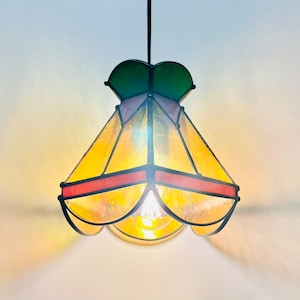 Mini Hanging Anastasia Lamp_Art Deco Vintage Stained Glass Light (Gold Mauve Green) 100% Handmade
