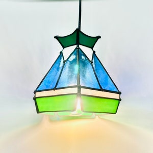 Mini Hanging Arthur Lamp_Art Deco Vintage Stained Glass Light (Green Blue White) 100% Handmade