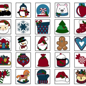 Może przedstawiać: Zestaw 25 obrazków clipart o tematyce świątecznej. Obrazki obejmują bałwana, Świętego Mikołaja, piernikowego ludzika, choinkę, skarpetkę, laskę cukrową, renifera, pingwina, płatek śniegu, pudełko na prezenty, serce, dzwonek, rękawiczki, czapkę, sanie, dom, torbę, kubek i laskę cukrową.