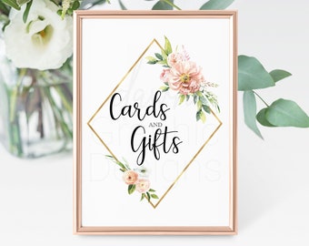 Bridal Shower Cards & Gifts Floral Sign Instant Download, Wedding Sign for Gifts Table, Gifts Sign, Bridal Shower Gifts Table, Pink and Gold