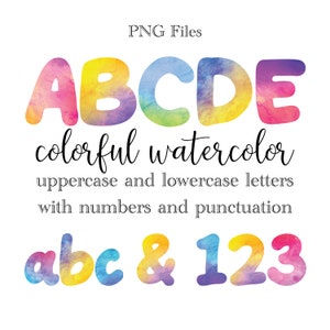 Letras y números del alfabeto de acuarela colorida, letras de colores brillantes, alfabeto de acuarela, letras multicolores, alfas de acuarela