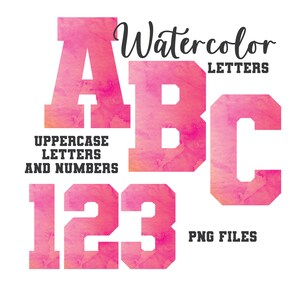 Pink Watercolor Varsity Letters, Varsity Lettering, Watercolor Art, Watercolor Monogram Sublimation, Alphabet PNG, Letters and Numbers