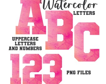 Pink Watercolor Varsity Letters, Varsity Lettering, Watercolor Art, Watercolor Monogram Sublimation, Alphabet PNG, Letters and Numbers