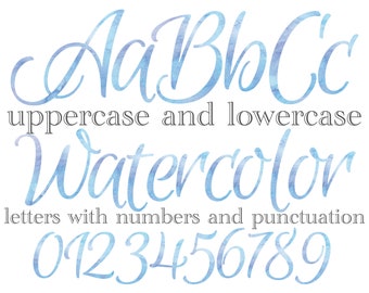 Blue Watercolor Letters png, Script Watercolor Lettering, Sublimation Files, Blue Watercolor Monogram, Stationery, Letters and Numbers