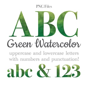 Lettere e numeri dell'alfabeto acquerello verde, scritte per baby shower, arte acquerello, sublimazione monogramma acquerello, cancelleria, numeri