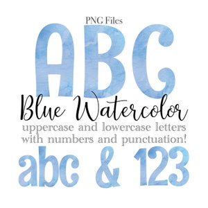 Blue Watercolor Alphabet Letters and Numbers, Baby Shower Lettering, Watercolor Art, Watercolor Monogram Sublimation, Stationery, Numbers