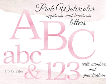 Pink Watercolor Alphabet Letters and Numbers, Wedding Lettering, Watercolor Art, Watercolor Monogram Sublimation, Stationery, Table Numbers
