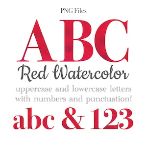 Letras e números do alfabeto em aquarela vermelha, letras brilhantes, arte em aquarela, sublimação de monograma em aquarela, papelaria, números de mesa