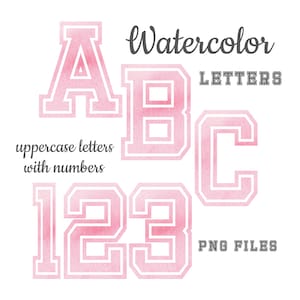 Pink Watercolor Alphabet Letters and Numbers, Varsity Lettering, Watercolor Art, Watercolor Monogram Sublimation, Stationery, Table Numbers