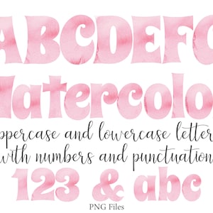 Pink Watercolor Alphabet Letters and Numbers, Fun Watercolor Letters, Watercolor Art, Watercolor Monogram Sublimation, Stationery, Pink