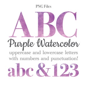 Letras e números do alfabeto em aquarela roxa, letras para casamento, arte em aquarela, sublimação de monogramas em aquarela, artigos de papelaria, números de mesa