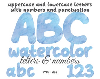 Blue Watercolor Alphabet Letters and Numbers, Light Blue Lettering, Watercolor Alphabet, Watercolor Monogram, Stationery, Baby Boy Letters