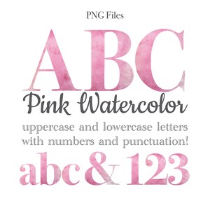 Peut inclure: Lettres de l'alphabet en aquarelle rose en majuscules et minuscules, ainsi que des chiffres et de la ponctuation. Les lettres sont peintes dans une couleur rose douce et ont un aspect légèrement texturé.
