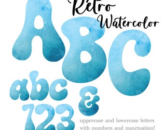 Blue Watercolor Alphabet Letters and Numbers, Retro Lettering, Watercolor Art, Watercolor Monogram Sublimation, Watercolor Retro Alphabet