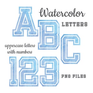 Blue Watercolor Alphabet Letters and Numbers, Varsity Lettering, Watercolor Art, Watercolor Monogram Sublimation, Stationery, Table Numbers