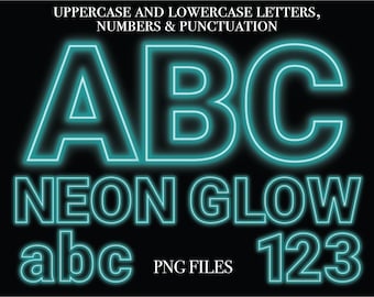 Turquoise Neon Lights Lettering, Teal Glowing Lights Alphabet Letters, PNG Letters, Transparent Background Letters, Neon Blue Glowing Alphas