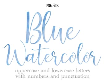 Blue Watercolor Letters and Numbers, Script Watercolor Lettering, Sublimation Files, Blue Watercolor Monogram, Watercolor Clip Art