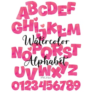 Rosa Aquarell Buchstaben und Zahlen, Aquarell Buchstaben mit Herzen, Sublimationsbuchstaben, rosa Aquarell Monogramm, Aquarell Buchstaben png