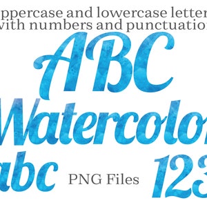 Blue Watercolor Alphabet Letters and Numbers, Sublimation Letters, Watercolor Alphabet, Watercolor Monogram, Blue Lettering, Table Numbers