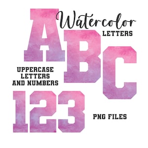 Pink Watercolor Varsity Letters, Varsity Lettering, Watercolor Art, Watercolor Monogram Sublimation, Alphabet PNG, Letters and Numbers