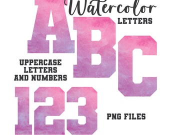 Pink Watercolor Varsity Letters, Varsity Lettering, Watercolor Art, Watercolor Monogram Sublimation, Alphabet PNG, Letters and Numbers