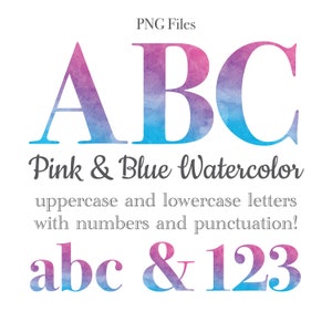 Pinke und blaue Aquarell Buchstaben und Zahlen, Ombre Aquarell Schrift, Gender Reveal Lettering, rosa und blaue Buchstaben, lustige Schriftzüge