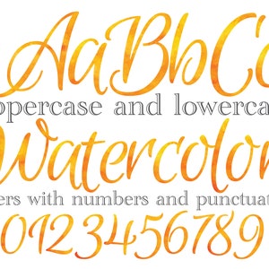 May include: Watercolor font alphabet with uppercase and lowercase letters, numbers, and punctuation. The letters are in a cursive style and are a bright orange color.