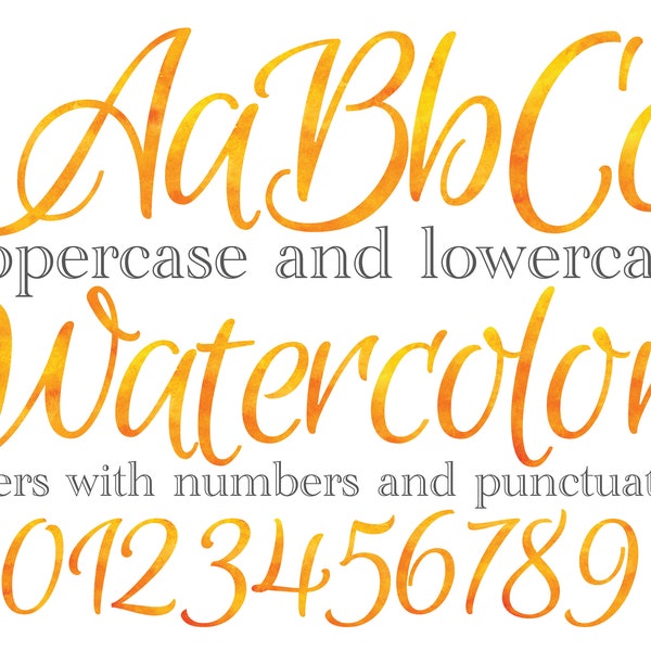 Orange Watercolor Letters and Numbers, Script Watercolor Lettering, Sublimation Files, Yellow Watercolor Monogram, Stationery, Summer Alpha