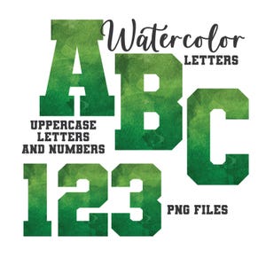 Green Watercolor Varsity Letters, Varsity Lettering, Watercolor Art, Watercolor Monogram Sublimation, Alphabet PNG, Letters and Numbers