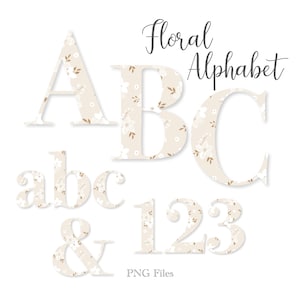 Blumenbuchstaben PNG, Buchstaben und Zahlen des Blumenalphabets, Monochrome Blumen, Sublimation, Boho Blumen, Blumenmuster, Neutrales Blumenmuster