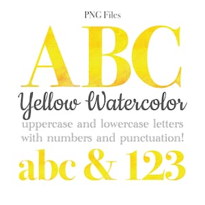 Gele aquarel alfabetletters en cijfers, heldere letters, aquarelkunst, aquarel monogram sublimatie, briefpapier, tafelnummers