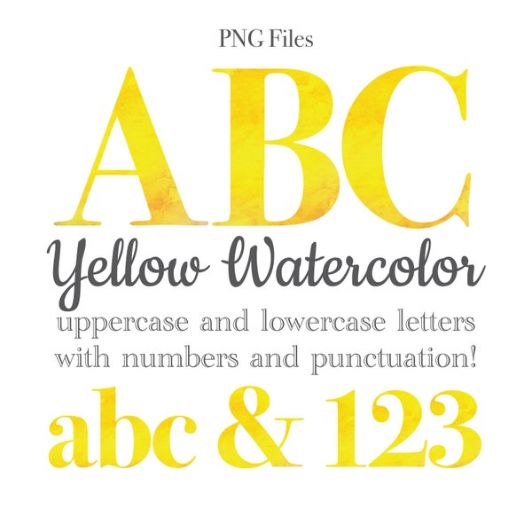 Yellow Watercolor Alphabet Letters and Numbers, Bright Letters, Watercolor Art, Watercolor Monogram Sublimation, Stationery, Table Numbers