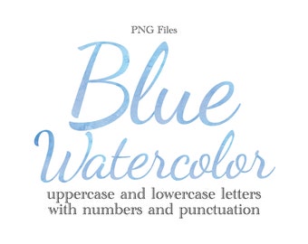 Blue Watercolor Letters and Numbers, Script Watercolor Lettering, Sublimation Files, Blue Watercolor Monogram, Stationery, Light Blue