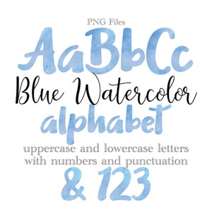 Letras e números do alfabeto em aquarela azul, letras para chá de bebê, arte em aquarela, sublimação de monograma em aquarela, papelaria, números