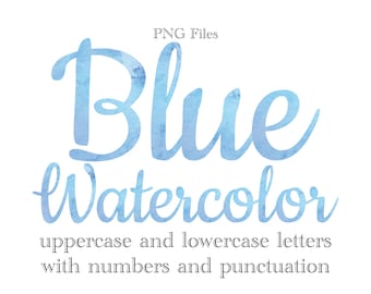 Blue Watercolor Letters and Numbers, Script Watercolor Lettering, Sublimation Files, Blue Watercolor Monogram, Watercolor Clip Art