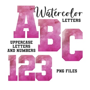 Pink Watercolor Varsity Letters, Varsity Lettering, Watercolor Art, Watercolor Monogram Sublimation, Alphabet PNG, Letters and Numbers