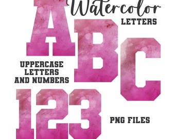 Pink Watercolor Varsity Letters, Varsity Lettering, Watercolor Art, Watercolor Monogram Sublimation, Alphabet PNG, Letters and Numbers