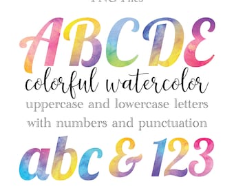 Letras e números coloridos do alfabeto em aquarela, letras de cores brilhantes, alfabeto em aquarela, letras multicoloridas, alfas em aquarela