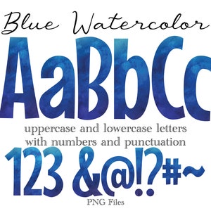 Blue Watercolor Alphabet Letters and Numbers, Baby Shower Lettering, Watercolor Art, Watercolor Monogram Sublimation, Stationery, Numbers