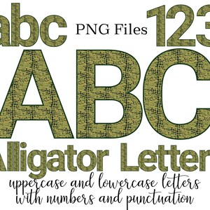 May include: A set of uppercase and lowercase alligator-skin patterned letters, numbers, and punctuation marks. The letters are in a green and brown color scheme. The text "Alligator Letters" is written below the letters. The text "uppercase and lowercase letters with numbers and punctuation" is written below the text "Alligator Letters".
