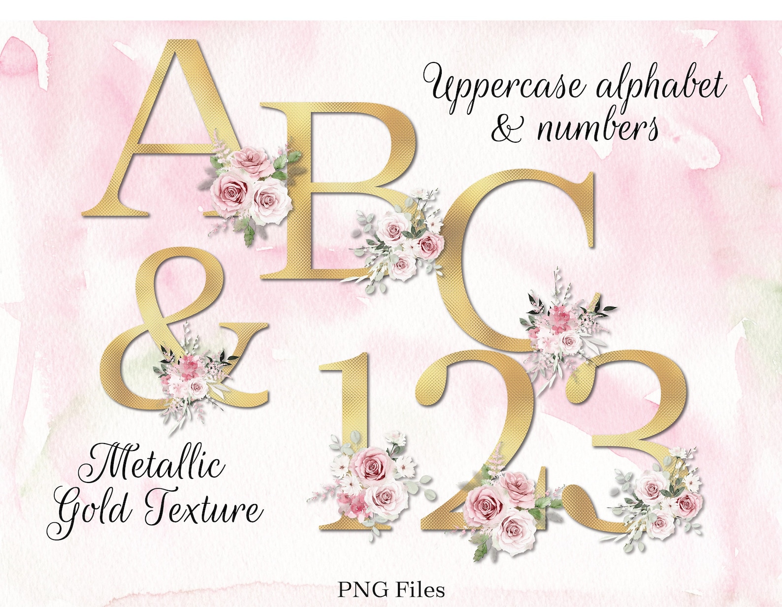 Watercolor Floral Alphabet Letters and Numbers, Metallic Gold Texture ...