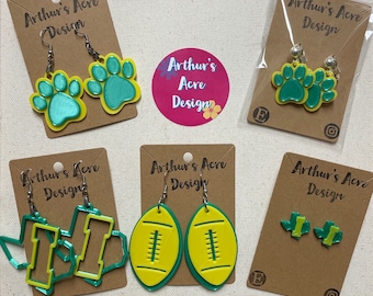 Idalou Wildcats Green and Gold School Spirit Earrings & Keychains/Bogg Bag Tags for Teacher Gifts, Grad gift, Clip-ons, Studs