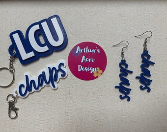 LCU Chaps game day earrings, keychains Lubbock Christian University Chaparral, clip on available, Go Big Blue!
