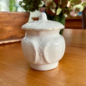 May include: A small, white ceramic jar with a lid. The jar has a rounded body with embossed oval designs and a gold rim. The lid features a floral pattern and a small knob. The jar is sitting on a wooden surface.